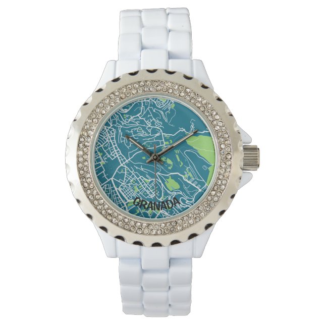 Reloj mapa minimalista de Granada - Azul-verde (Anverso)