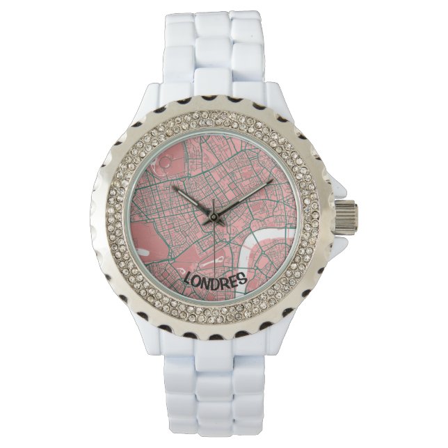 Reloj mapa minimalista de Londres  - Rosa-Verde (Anverso)