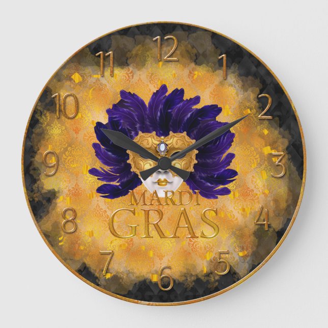 Reloj Mardi Gras, máscara de plumas azules (Anverso)