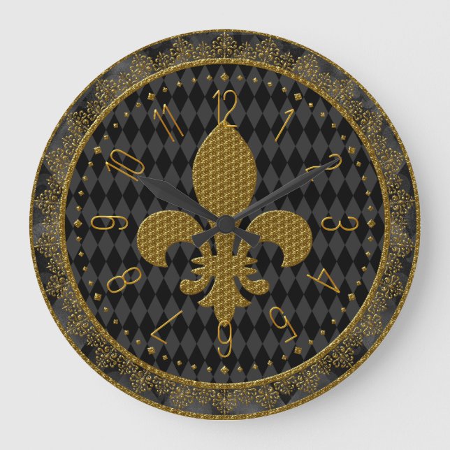 Reloj Mardi Gras, reloj grande Golden Fleur de Lis (Anverso)