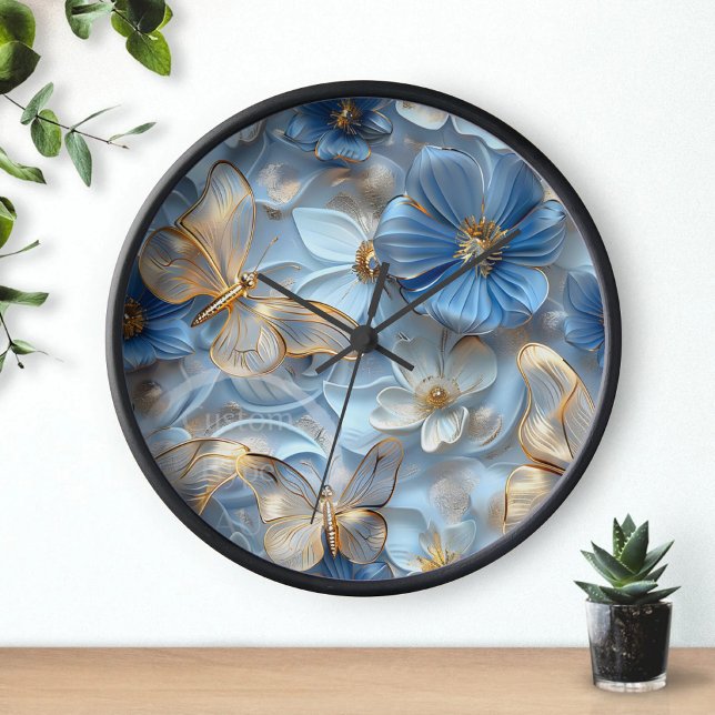 Reloj Mariposas doradas de vidrio azul sobre arte 3D de  (Subido por el creador)
