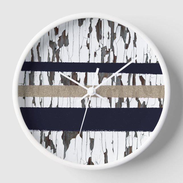 Reloj Mariscos/Beige/franjas blancas sobre madera pelada (Anverso)