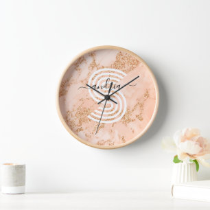 Reloj Mármol Brillo Rosa Dorado, Nombre en Letra Script
