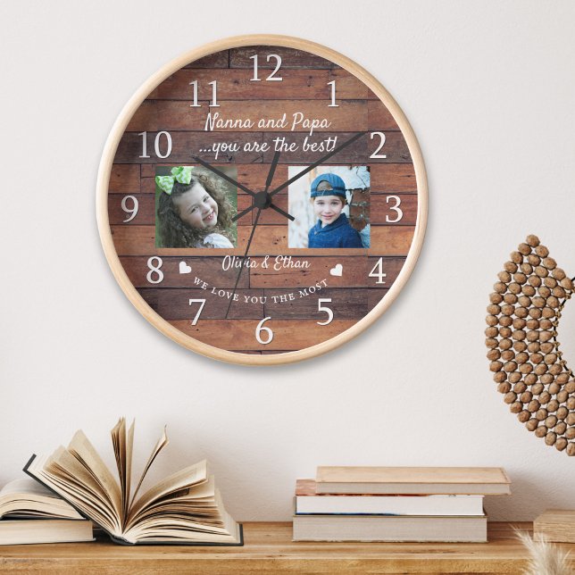Reloj Mejor Nanna Y Papa Abuelos Collage de fotos Wood (Best Nanna And Papa Grandkids Photo Collage Wood Clock)