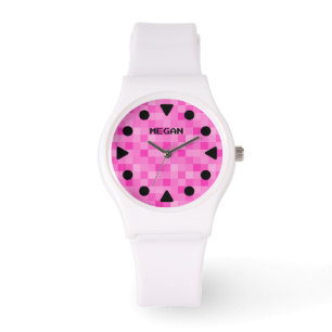 Reloj moderno de mujeres con dial pixelado rosa