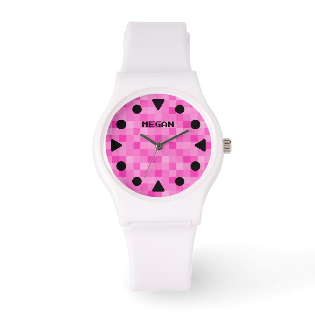 Reloj moderno de mujeres con dial pixelado rosa (Anverso)