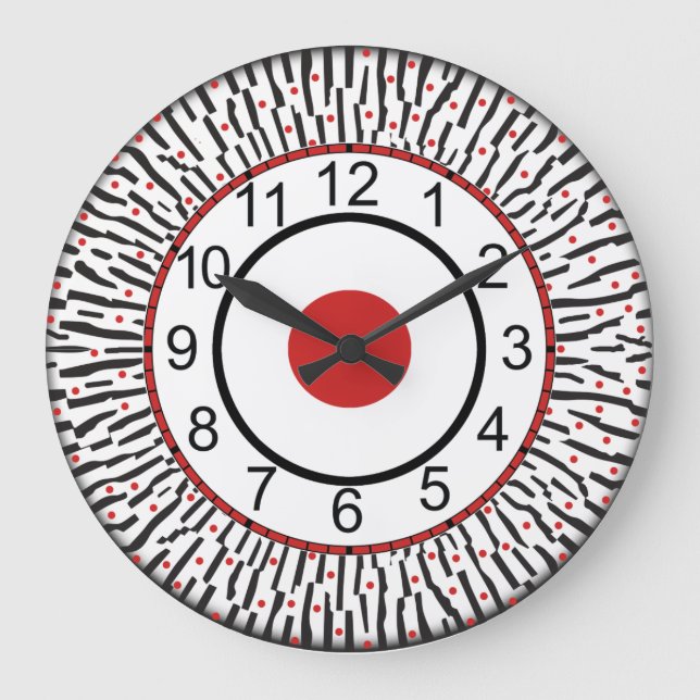 Reloj moderno de pared redonda en negro, rojo y bl (Anverso)