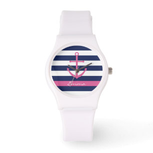 Reloj monograma azul y rosa de la marina