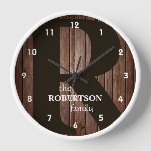Reloj Monograma de familia moderna de madera rústica