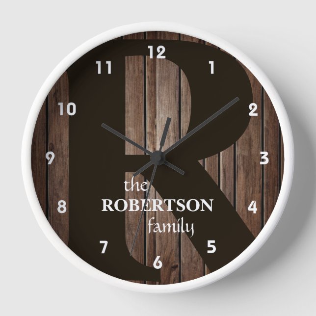 Reloj Monograma de familia moderna de madera rústica (Anverso)