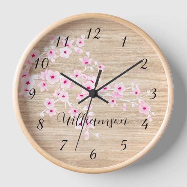 Reloj Monograma de madera de imitación de cerezo rosa (Anverso)