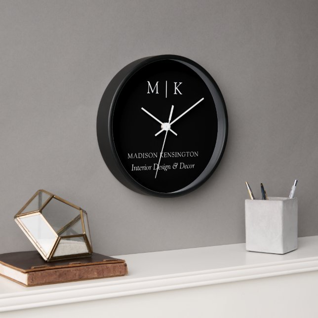 Reloj Monograma minimalista o Agregar logotipo Negra (Oficina)