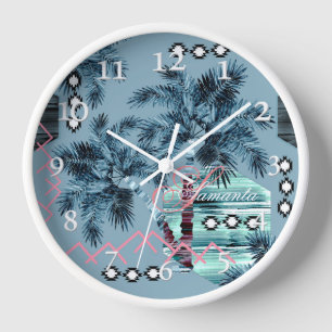 Reloj Monograma negro azul de Palm Hawaii personalizado