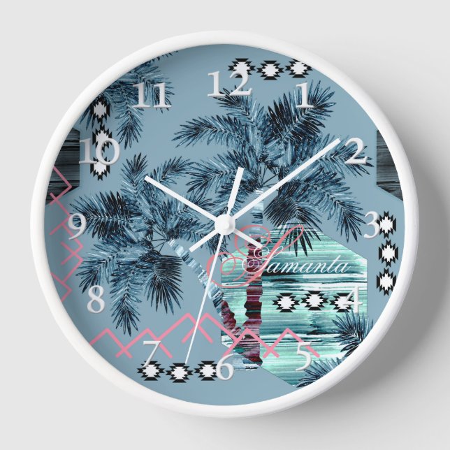 Reloj Monograma negro azul de Palm Hawaii personalizado (Anverso)