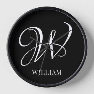 Reloj Monograma negro elegante personalizado inicial