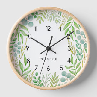 Reloj Monograma Vegetación Foliage Acuarela Botánica
