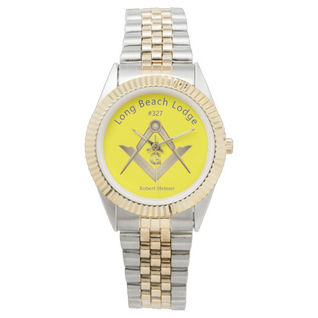 Reloj monogramado clásico amarillo y azul masónico (Anverso)