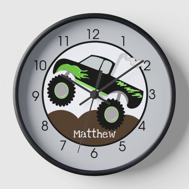Reloj Monster Truck Boys Room Green Black Kids (Anverso)