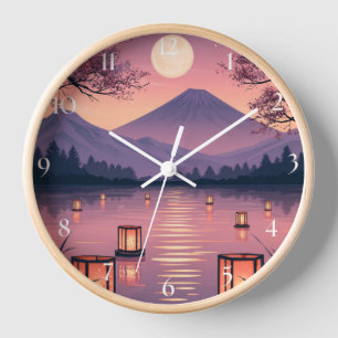 Reloj Monte Fuji iluminado por la luna, flores de cerezo