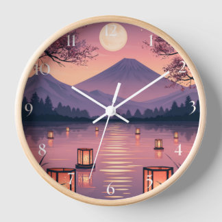 Reloj Monte Fuji iluminado por la luna, flores de cerezo