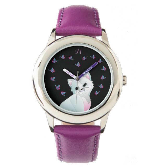 Reloj morado de monograma de gato lindo (Anverso)