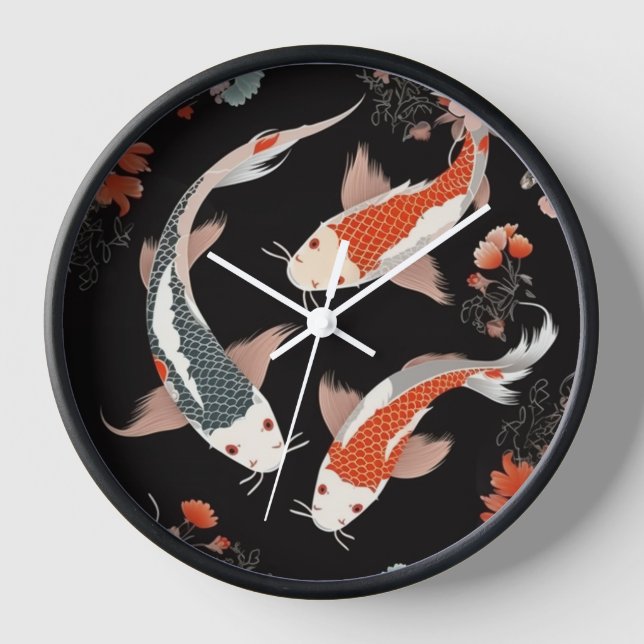 Reloj Naranja de inspiración japonesa y koi y flores bla (Anverso)
