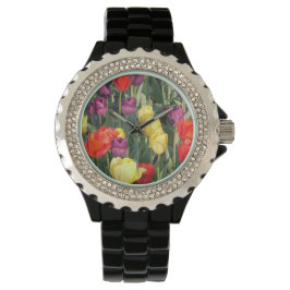 Reloj negro con tulipanes multicolor