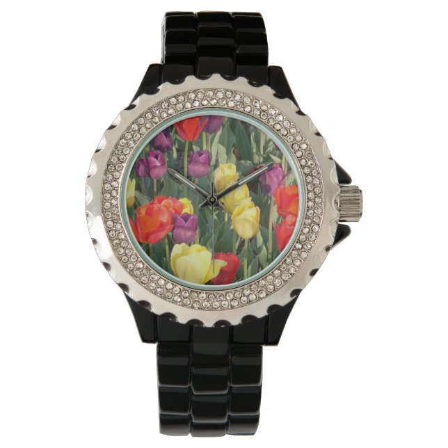 Reloj negro con tulipanes multicolor (Anverso)