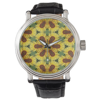 Reloj negro de cuero ventilado de girasol
