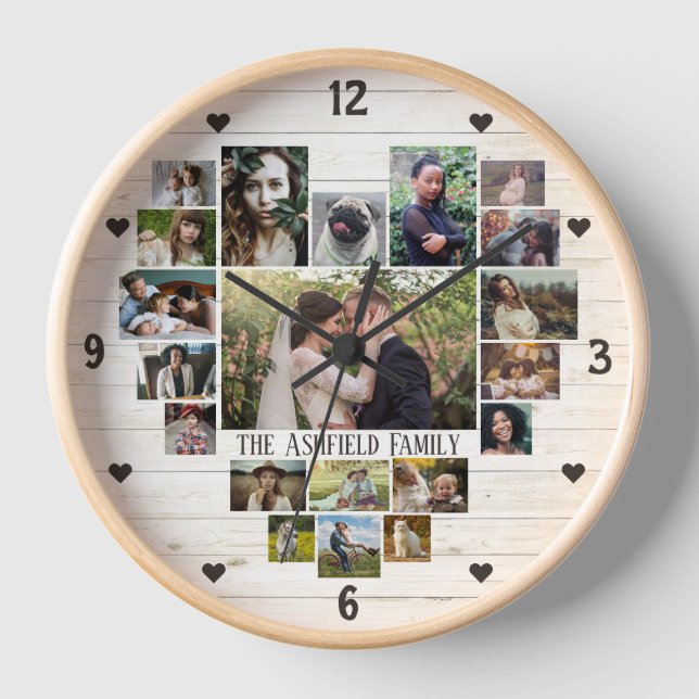 Reloj Nombre De Collage de fotos Familiar En Heart 20 Pi (Anverso)