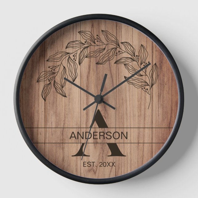 Reloj Nombre de familia de madera rústica (Anverso)