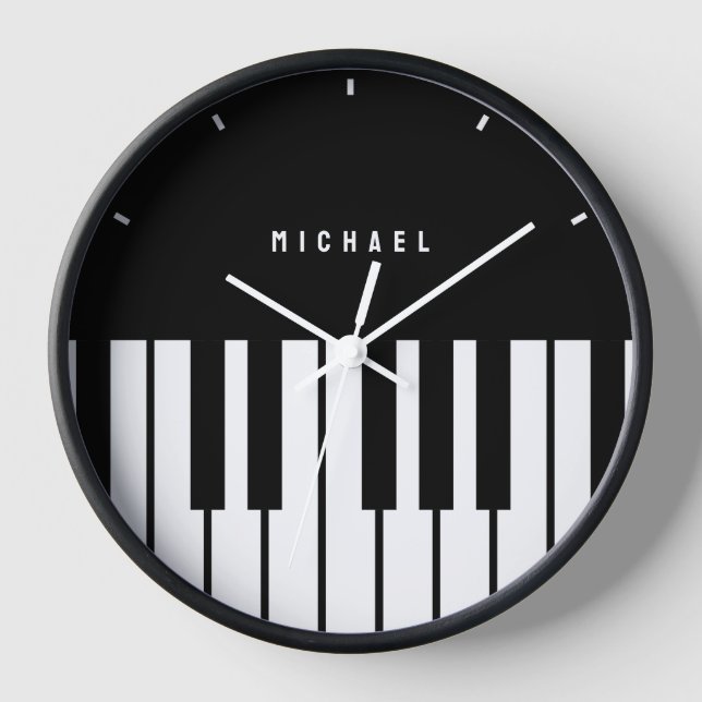 Reloj Nombre de monograma de teclado de piano negro y bl (Anverso)