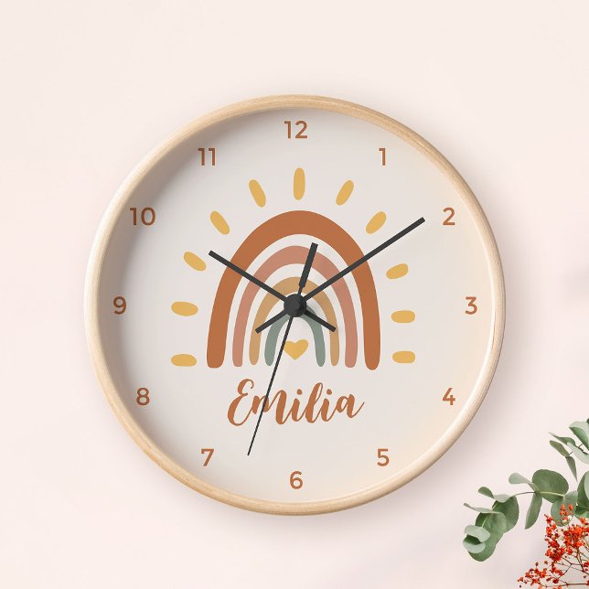 Reloj Nombre personalizado Boho Earth Tone Rainbow Sun (Subido por el creador)