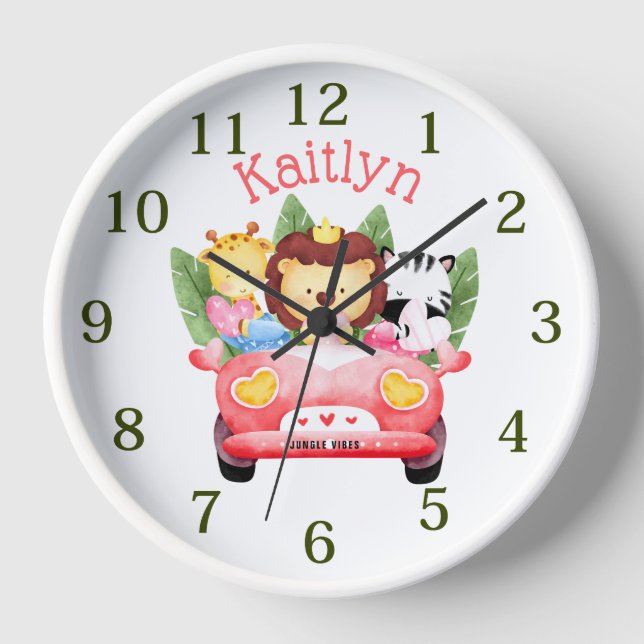 Reloj Nombre personalizado Jungle Safari Animales Pink W (Anverso)