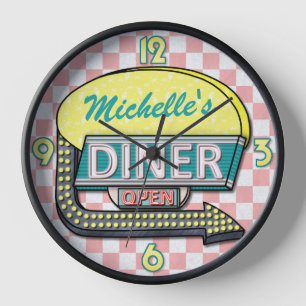 Reloj Nombre personalizado rosado del Rótulo de la cena 