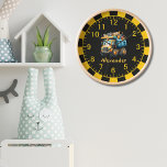 Reloj Nombre personalizado Vehículos de construcción Niñ<br><div class="desc">Añada un toque de encanto juguetón a la guardería de su bebé con nuestro Nombre Personalizado Construcción Vehículos Clock Boy Clock. Con adorables diseños de vehículos de construcción y personalizado con el nombre de su bebé, este reloj es funcional y delicioso. Diseñado con precisión y atención al detalle, nuestro reloj...</div>