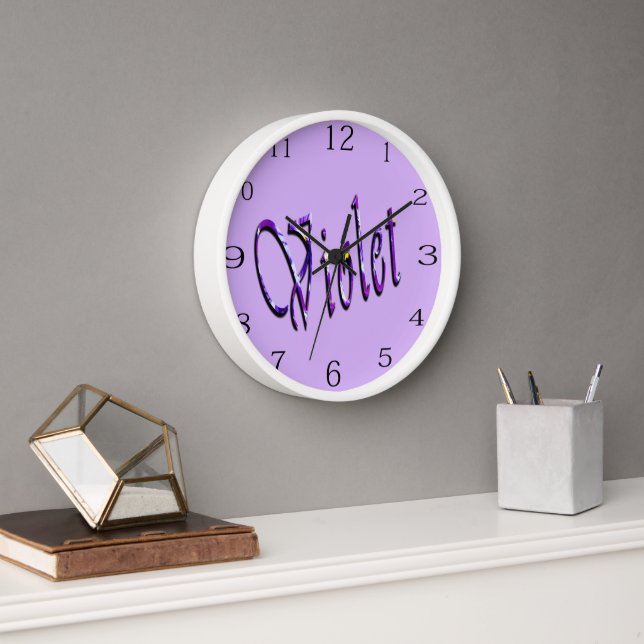 Reloj Nombre violeta morado floral, (Oficina)