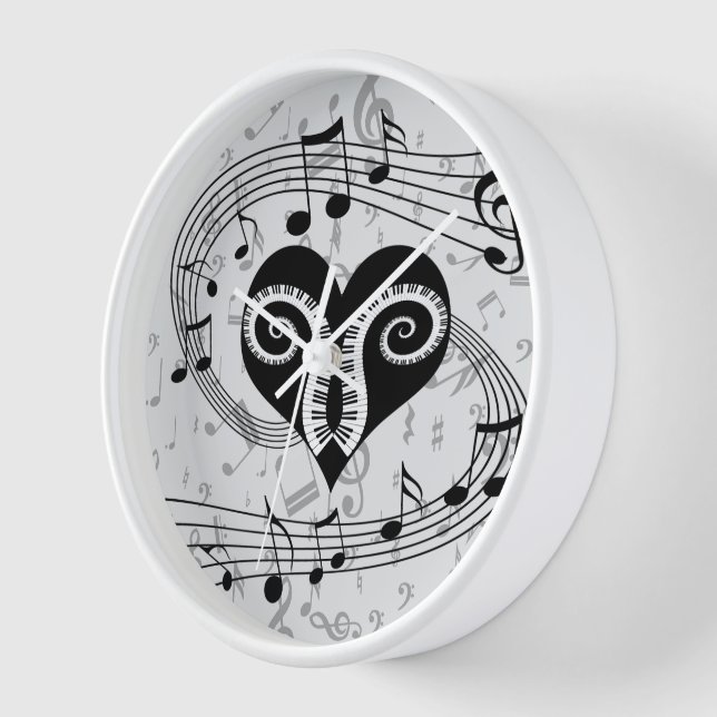 Reloj Notas musicales claves de corazón y piano (Ángulo)