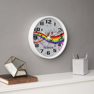 Reloj Notas musicales negras del arco iris sobre gris
