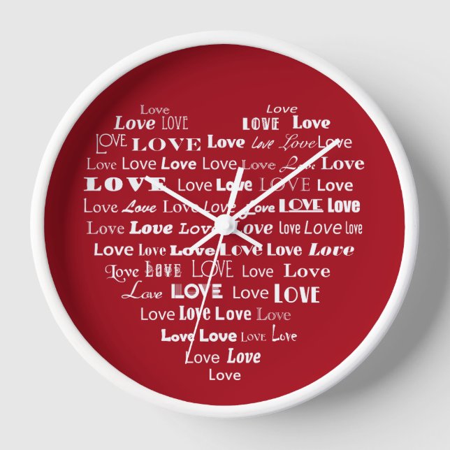 Reloj Nube de palabras de amor - Blanco en rojo oscuro (Anverso)