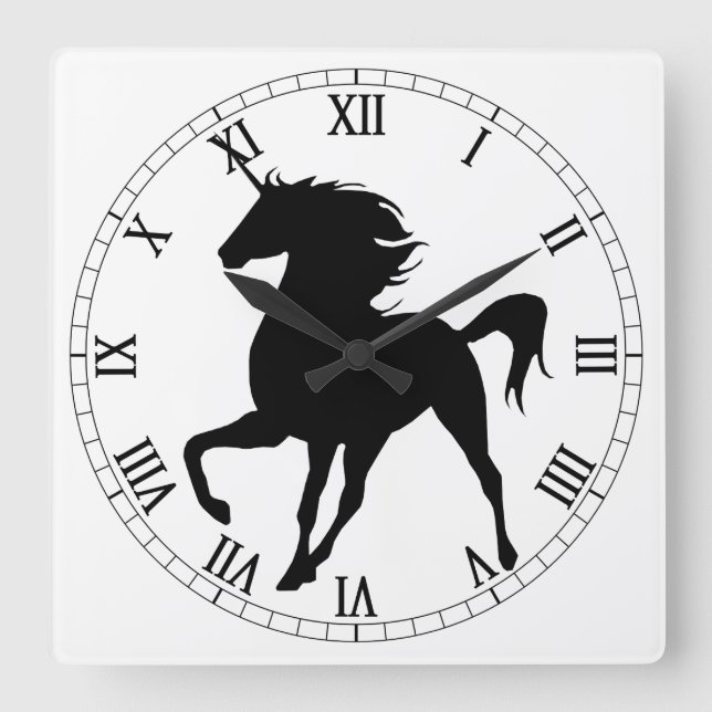 Reloj numérico romano de silueta negro unicornio (Anverso)