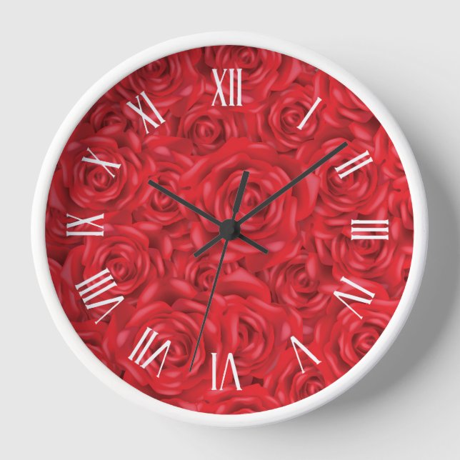 Reloj Números blancos de patrón de rosas rojas (Anverso)
