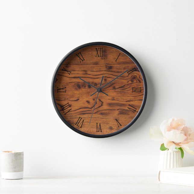 Reloj Números romanos de madera quemada marrón rústica v (Hogar)