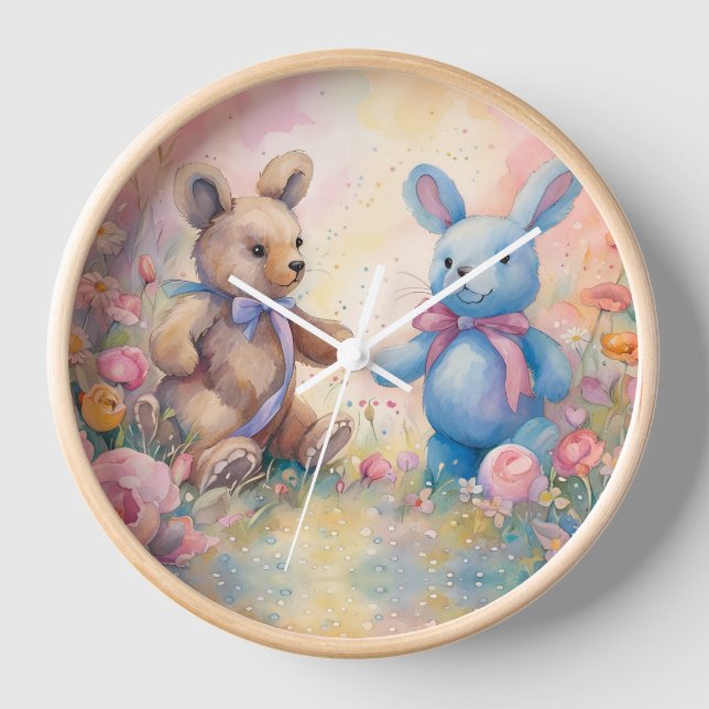 Reloj Oso de peluche y conejo en un jardín pastel (Anverso)