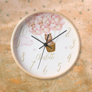 Reloj Oso de peluche y globos rosados personalizados