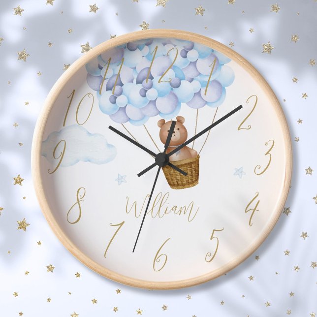 Reloj Oso De Teddy Y Globos Azules Personalizados (Teddy Bear And Blue Balloons Personalized Clock)