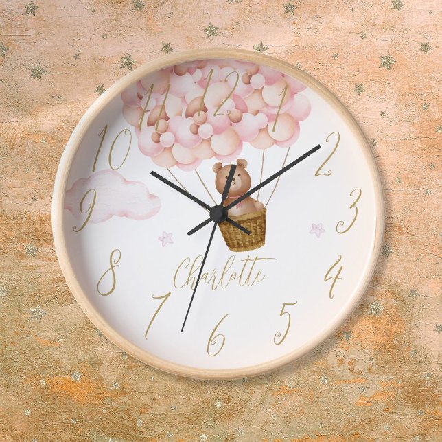 Reloj Oso De Teddy Y Globos Rosados Personalizados (Teddy Bear And Pink Balloons Personalized Clock)