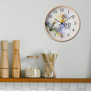 Reloj Pájaro acuarela moderna, pared de madera de monogr