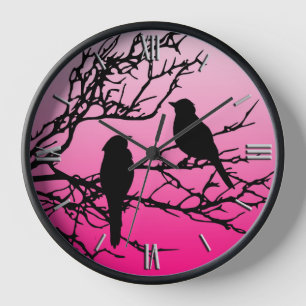 Reloj Pájaros en una Rama, Negros Contra Rosa Amanecer