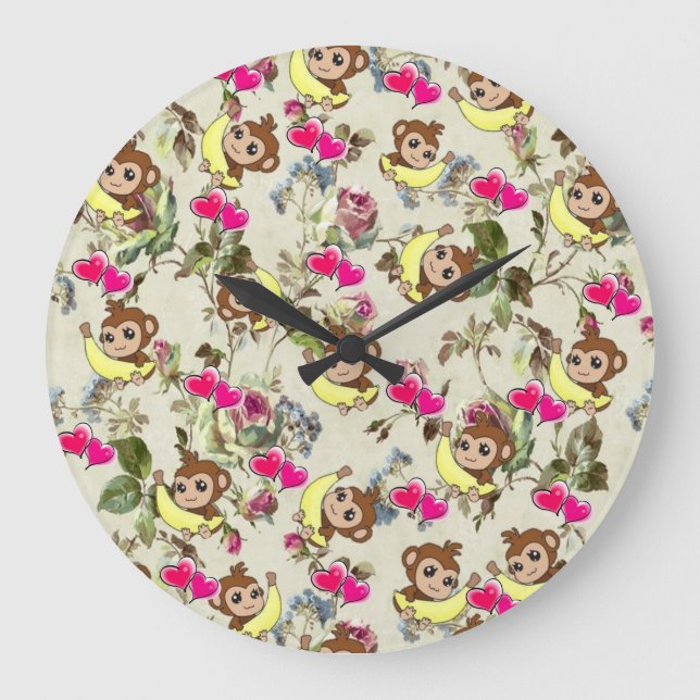 Reloj para niños, plátanos de monos, corazones ros (Anverso)
